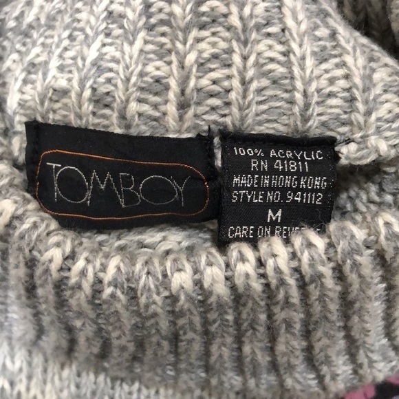 Vintage Tomboy Sweater Size Medium Gray Pastel Diamond Mock Neck Pullover - Picture 5 of 8